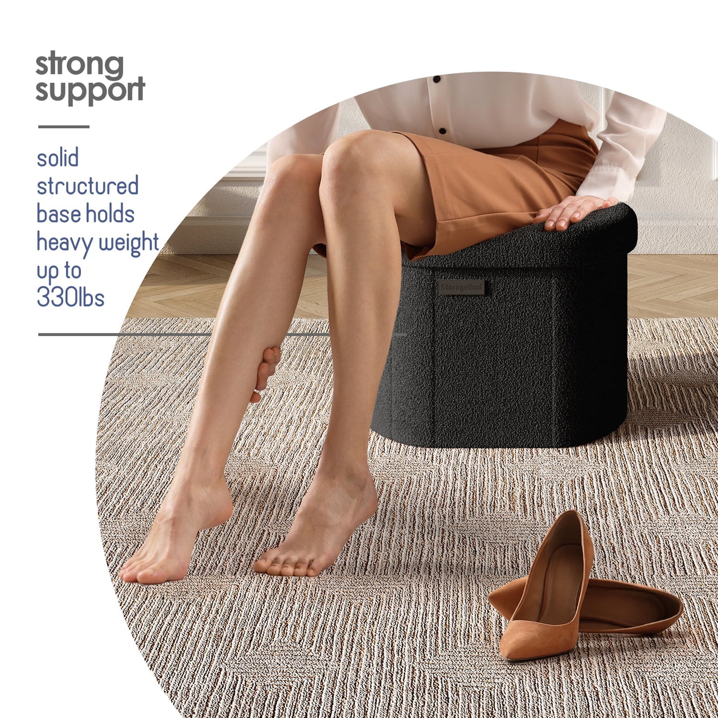 Oval Storage Ottoman Bench, Boucle 16" Ottoman with Storage , Black