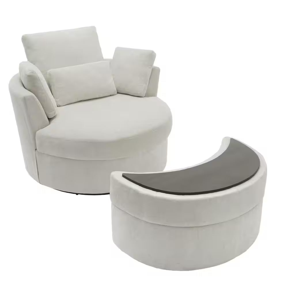 Beige Chenille Upholstered Swivel Accent Barrel Chair with Storage Ottoman and Pillows (Set of 1)