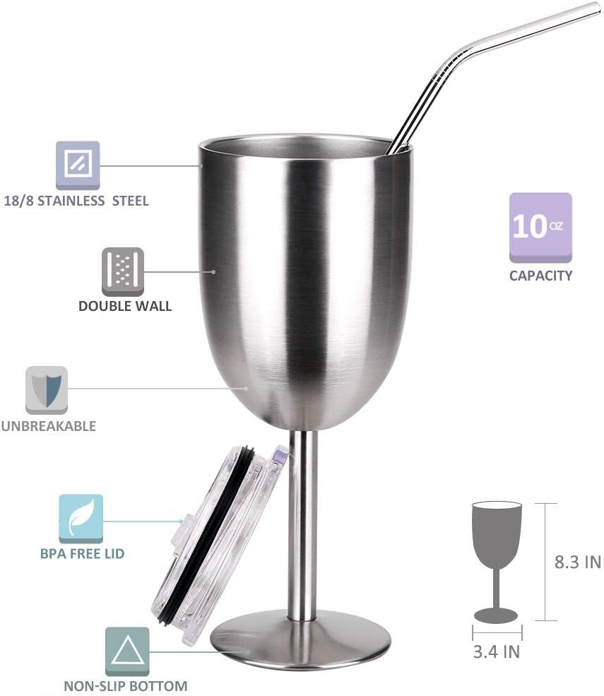 Stainless Steel Wine Glasses(2 Pack).Double Walled Vacuum Insulated Wine Tumbler Cups with Lid and Straw.Friendship,Christmas,Birthday Gifts for Women Men Friends Dad Mom(10Oz Stainless Steel)