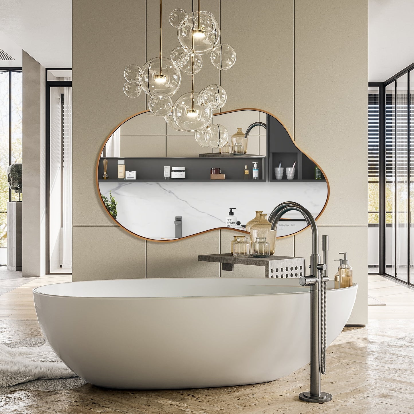 Irregular Wall Mirror 46"X26" Cloud Shaped Mirrors for Bathroom, Gold Aluminum Alloy Frame