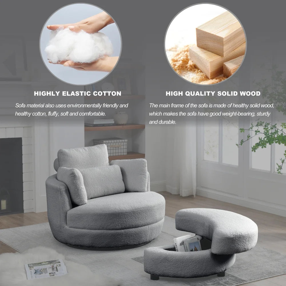 Modern Fabric Solid Print Swivel Accent Chair with 4 Pillows, Grey Teddy
