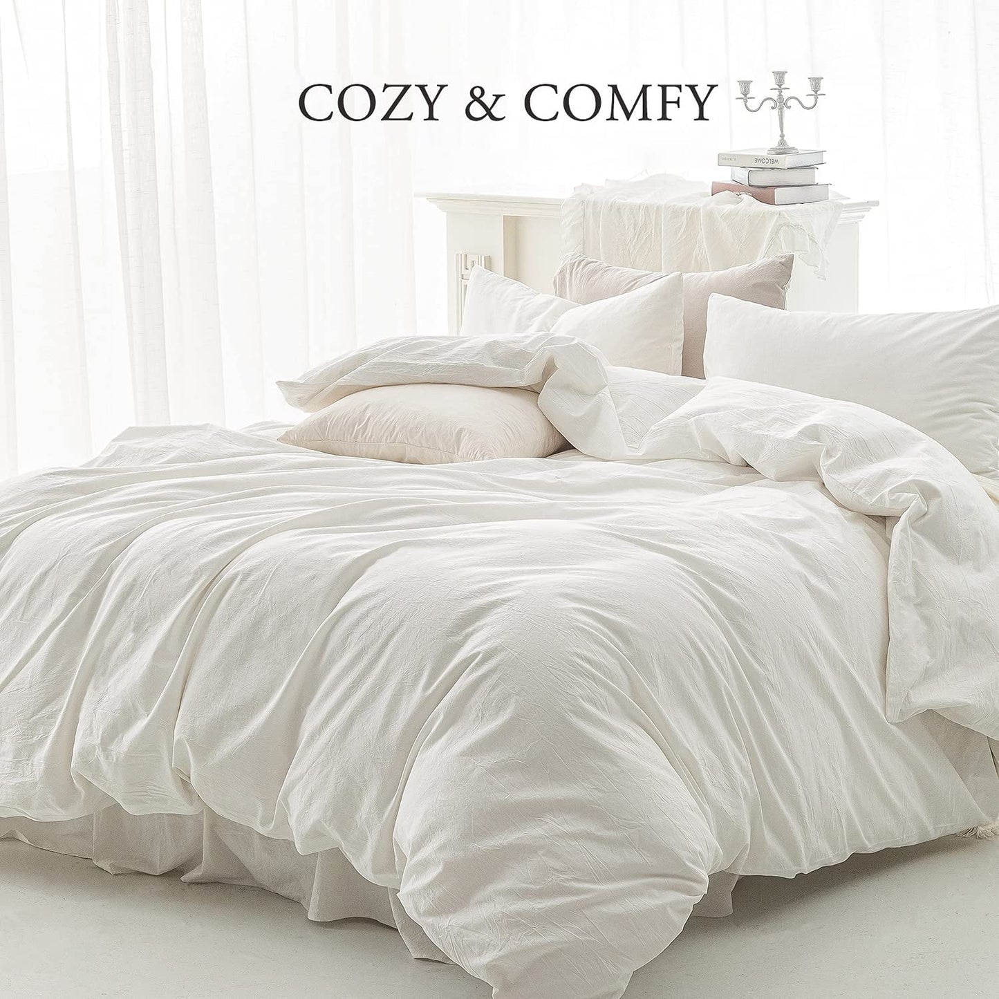 3 Pieces Duvet Cover Set, Soft Washed Microfiber Duvet Cover Queen with 2 Pillow Shams,White