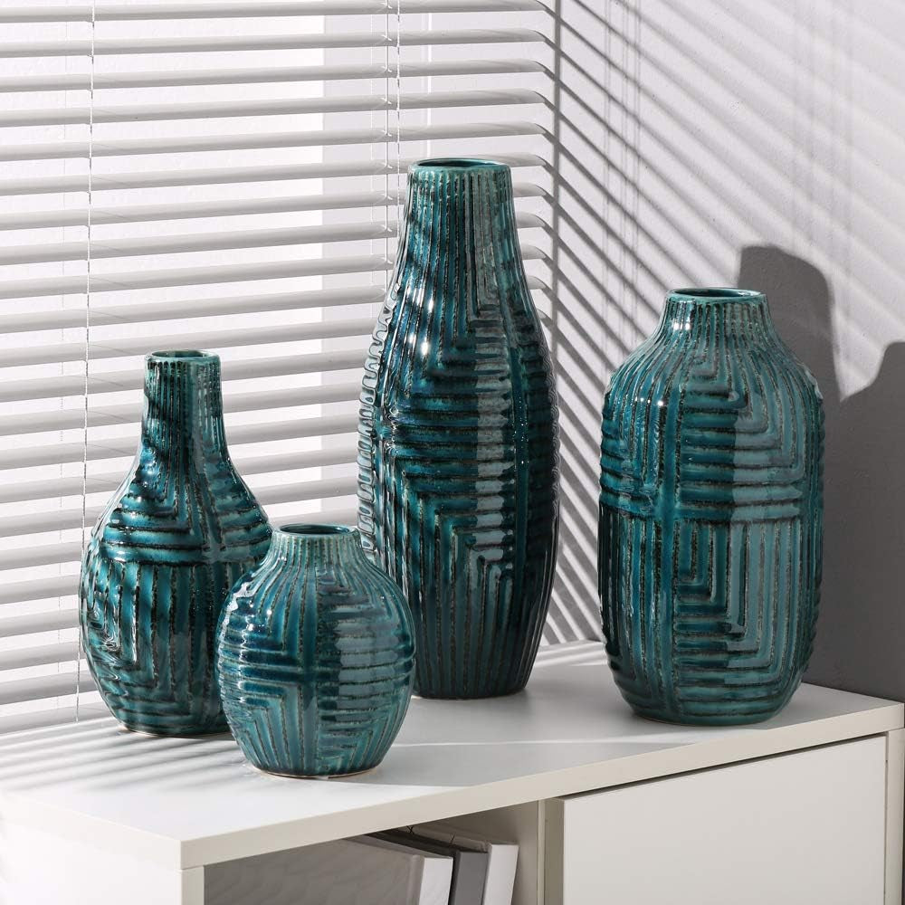 Ceramic Vase- Teal Vase for Home Decor,Flower Vase for Centerpieces, Modern Decor Vases for Living Room/Bookshelf/Mantel/Home Decor Accents - Teal Texture-Large-10.6" H