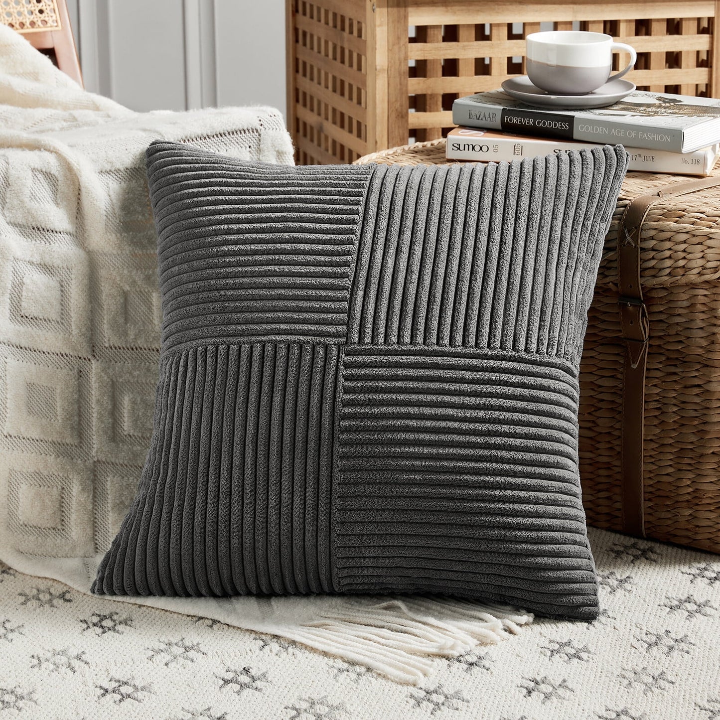 2 Packs Dark Gray Decorative Throw Pillow Covers 18X18 Inch for Living Room Couch Sofa, Rustic Farmhouse Boho Home Decor, Soft Corduroy Patchwork Textured Square Cushion Case 45X45 Cm