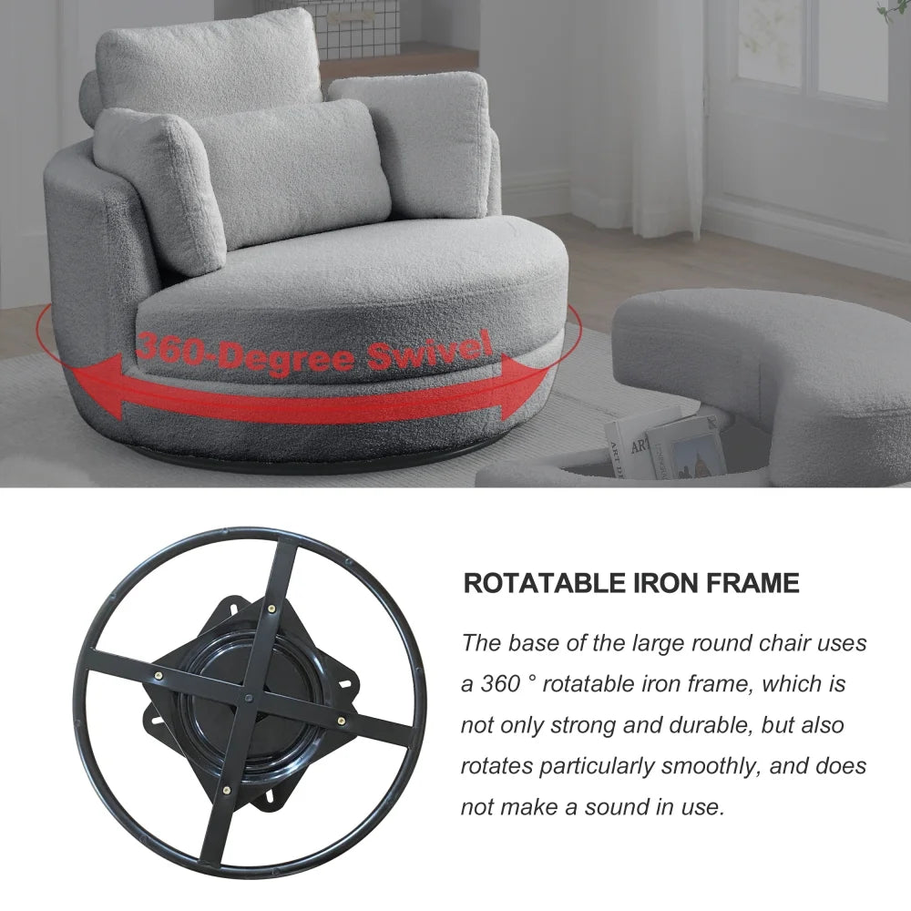 Modern Fabric Solid Print Swivel Accent Chair with 4 Pillows, Grey Teddy