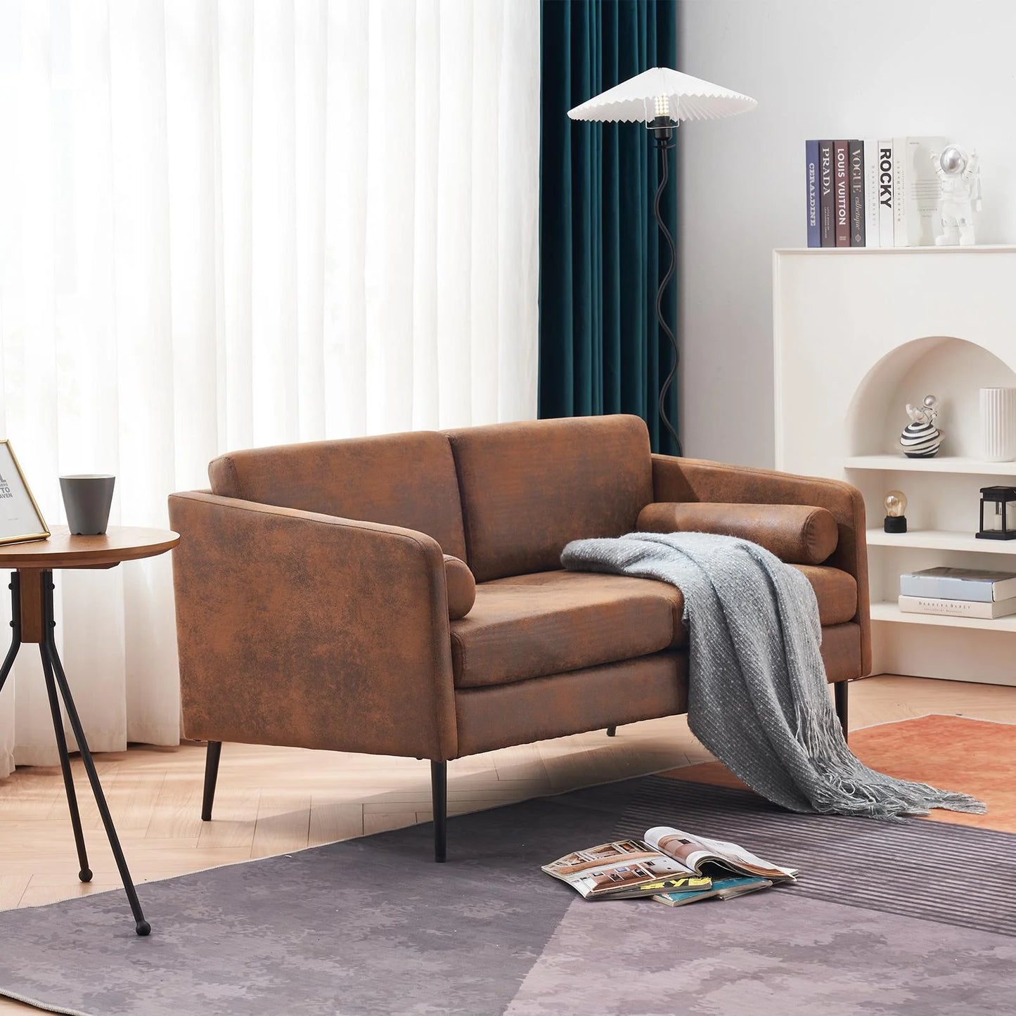 52" Fabric Square Arm Loveseat, 2-Seat Love Seat Sofa Chair, Small Modern Couch with Bronzing Cloth Brown