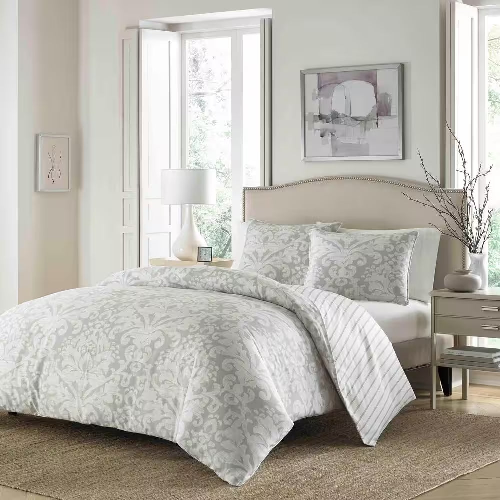 Camden 3-Piece Gray Floral Cotton Full/Queen Duvet Cover Set