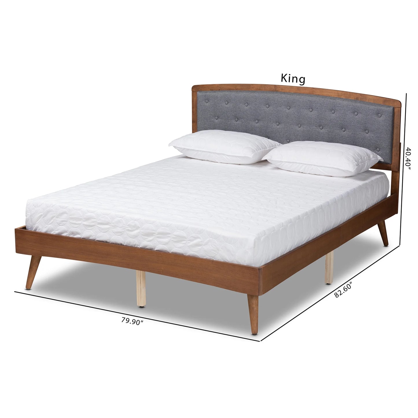 Ratana Mid-Century Modern Transitional Grey Fabric Upholstered and Walnut Brown Finished Wood, Full Size Platform Bed
