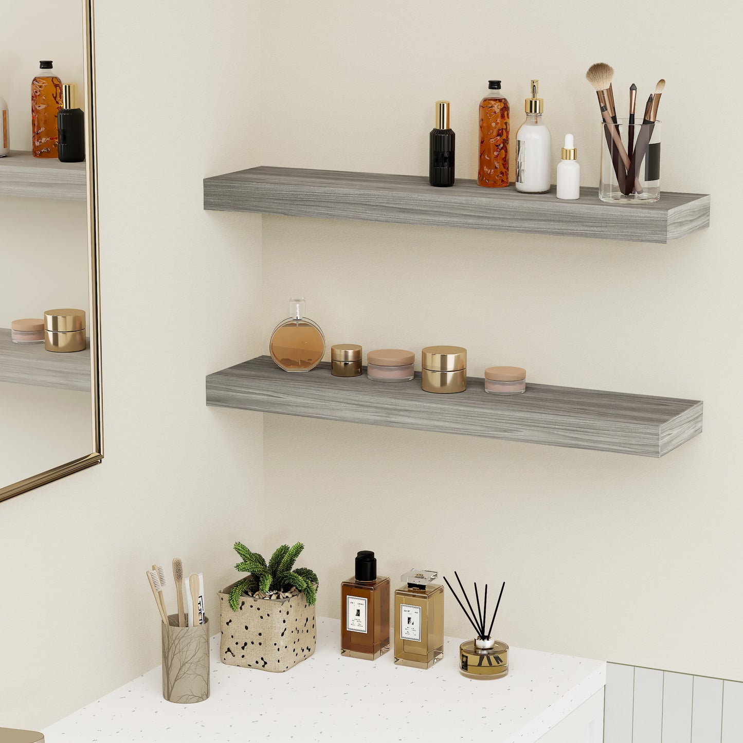 24X6 Walnut Gray Floating Shelves for Wall, Wood Hanging Shelves up to 20Lbs for Bedroom, Bathroom, Kitchen(Set of 2)