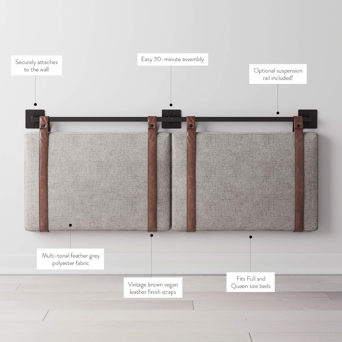 Harlow Modern Wall Mount Hanging Headboard, Queen, Gray with Brown Faux Leather Straps