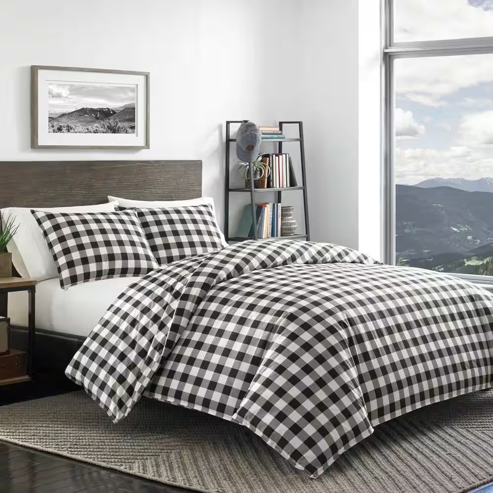 Mountain Plaid 3-Piece Black Cotton Full/Queen Duvet Cover Set