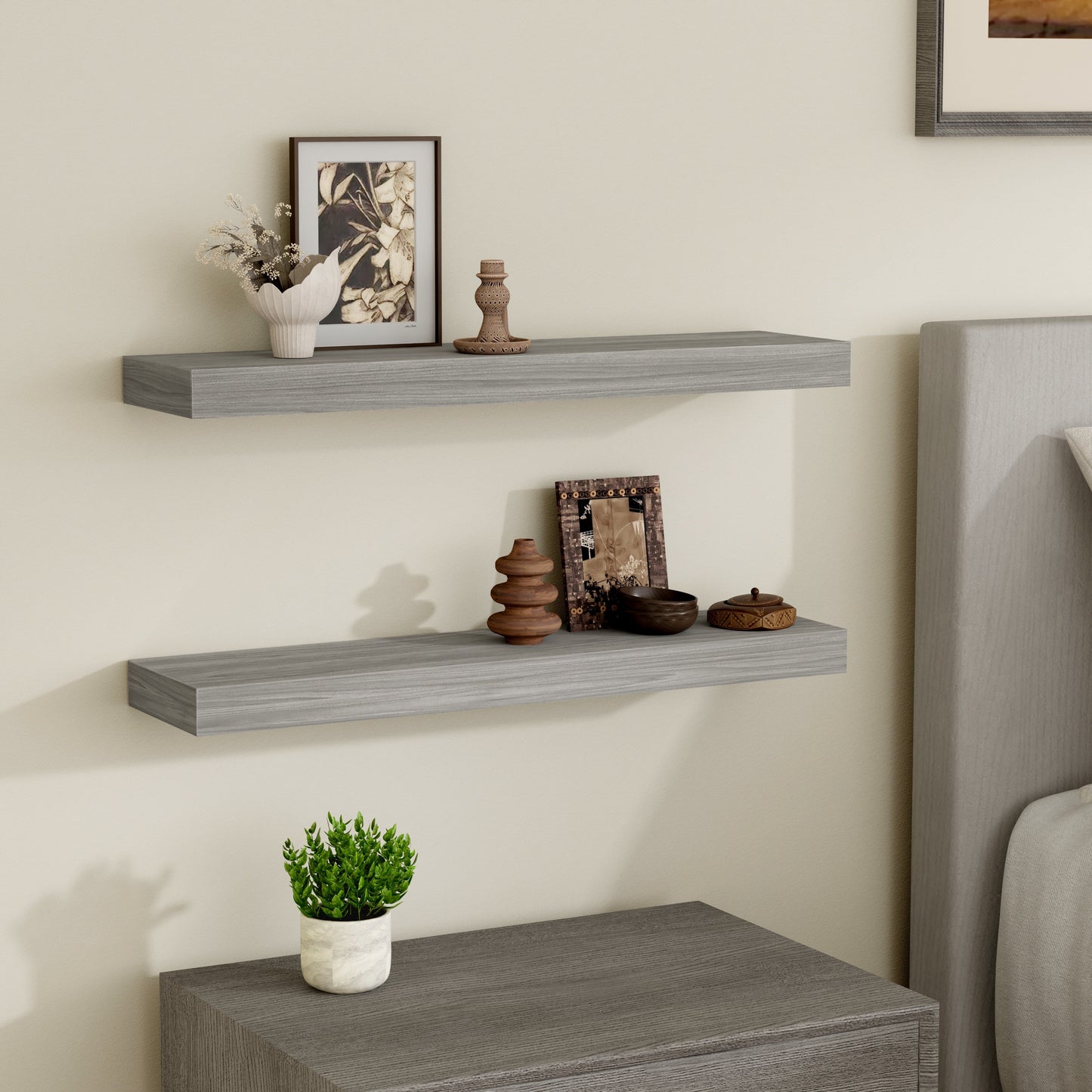 24X6 Walnut Gray Floating Shelves for Wall, Wood Hanging Shelves up to 20Lbs for Bedroom, Bathroom, Kitchen(Set of 2)