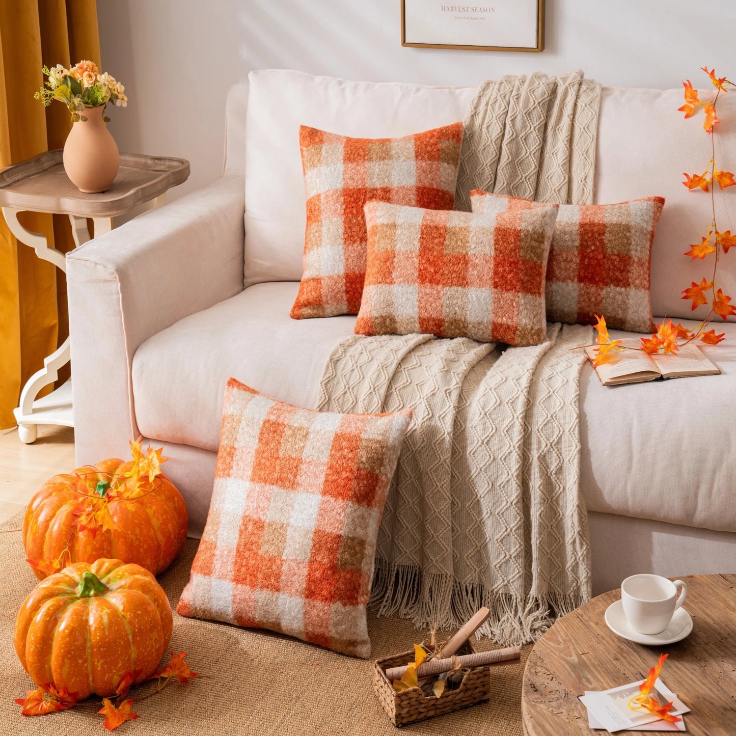 Orange Plaid Fall Throw Pillow Covers Set of 2, Boucle Decorative Pillow Covers,Cozy Fluffy Home Living Room Farmhouse Decor for Sofa Couch Bed