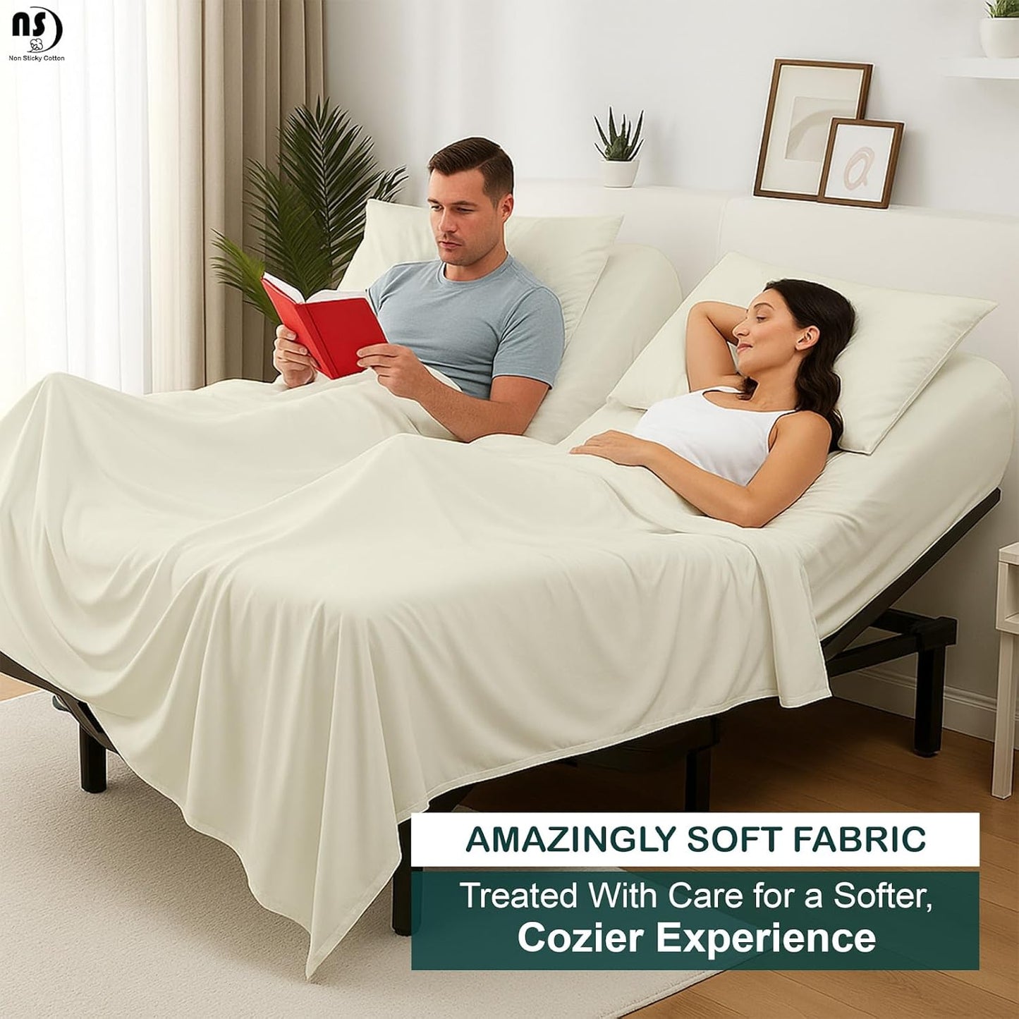 4 Piece Top Split King Sheet Set for Sleep Number Adjustable Bed, 100% Egyptian Cotton Bed Sheets, 34" Flex Head, Fits 18" Deep Mattress, 78" X 80", Ivory Solid
