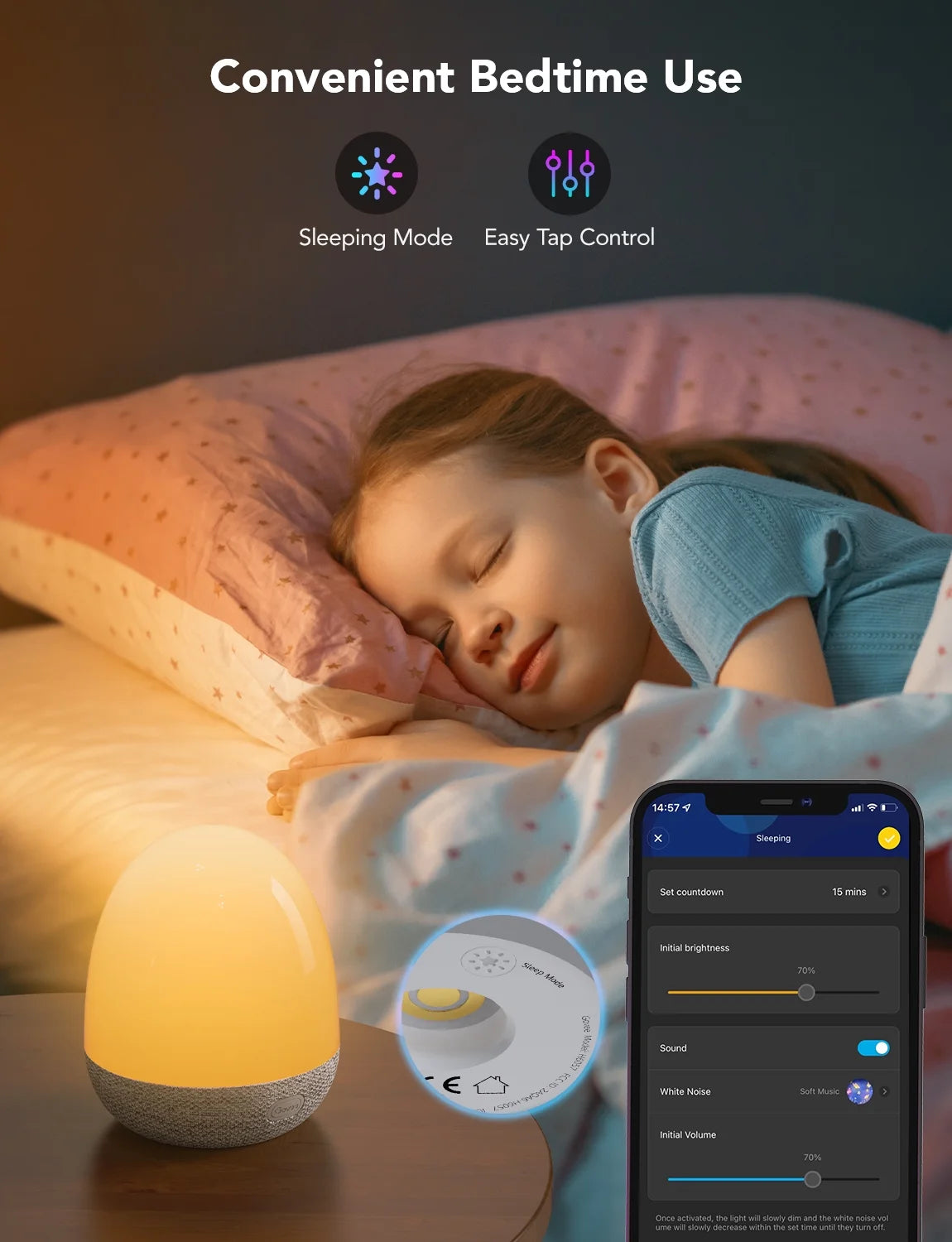 RGBIC Smart Night Light, Color-Changing LED, Wifi + Bluetooth Control, Adjustable Brightness, Bedside Lamp, Voice & App Control