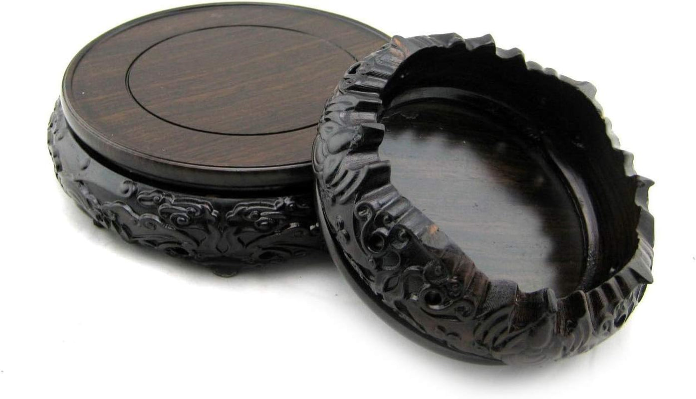 Oriental Luxury round Elm Solid Wood Vase Display Stands Pedestal Base, Bat Pattern 3.9 in Diameter