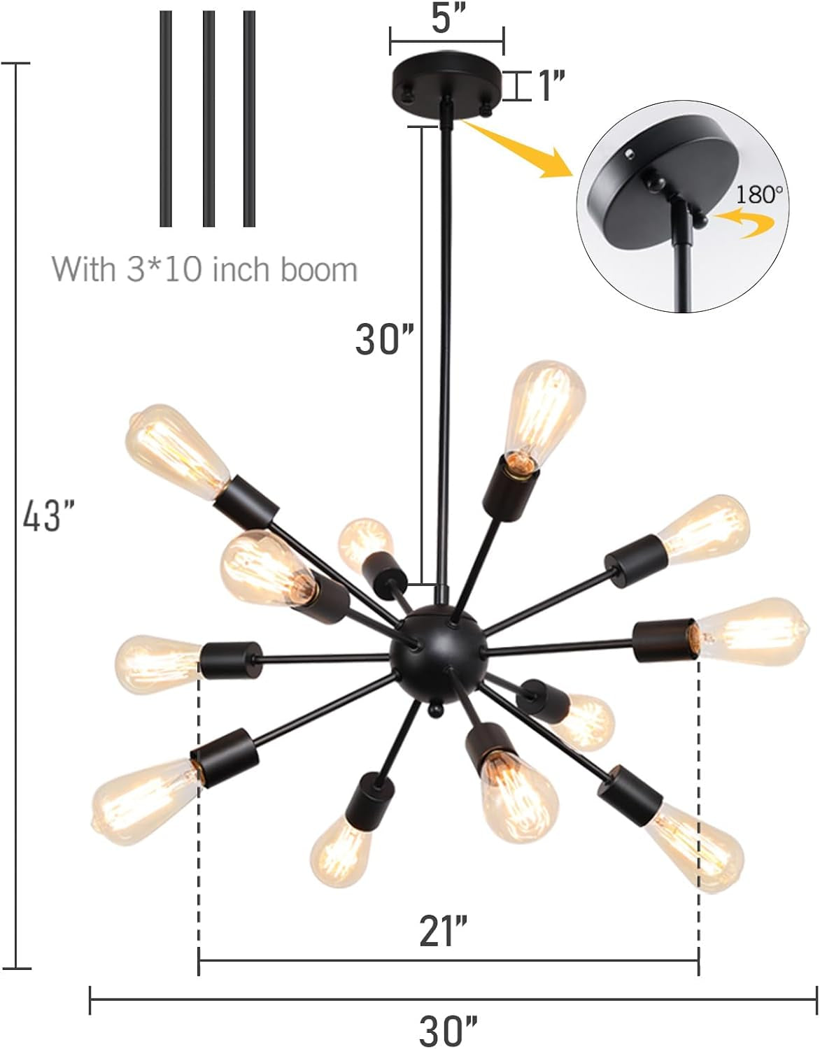 Sputnik Chandeliers Black, Modern 12-Light Farmhouse Pendant Light Mid Century Lighting Vintage Industrial Ceiling Hanging for Living Dining Room, Bedroom, Kitchen Island, Foyer