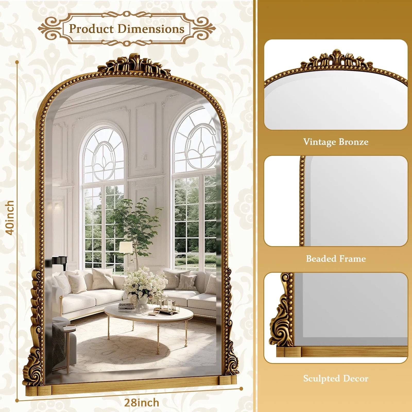 40"X 28" Arched Vanity Mirror Decor Wall Mirror for Bathroom,Antique Gold