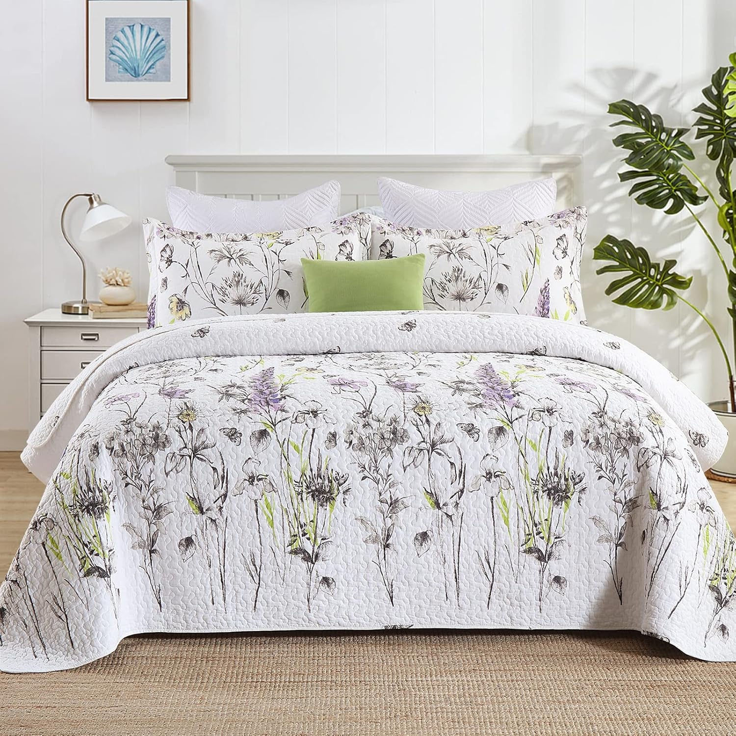 Queen Quilt Floral Bedspread, 100% Cotton Queen Size Quilt, White Purple Floral Quilt Sets Queen, Lightweight Soft Quilt Bedding Set for All Season, 3-Pieces