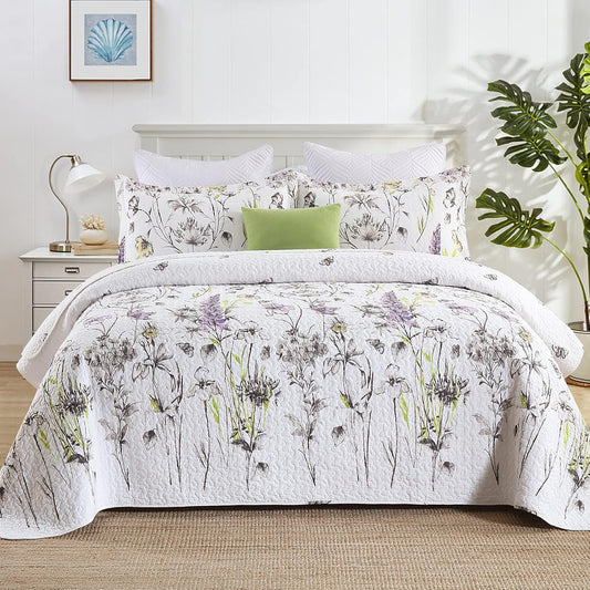 Queen Quilt Floral Bedspread, 100% Cotton Queen Size Quilt, White Purple Floral Quilt Sets Queen, Lightweight Soft Quilt Bedding Set for All Season, 3-Pieces