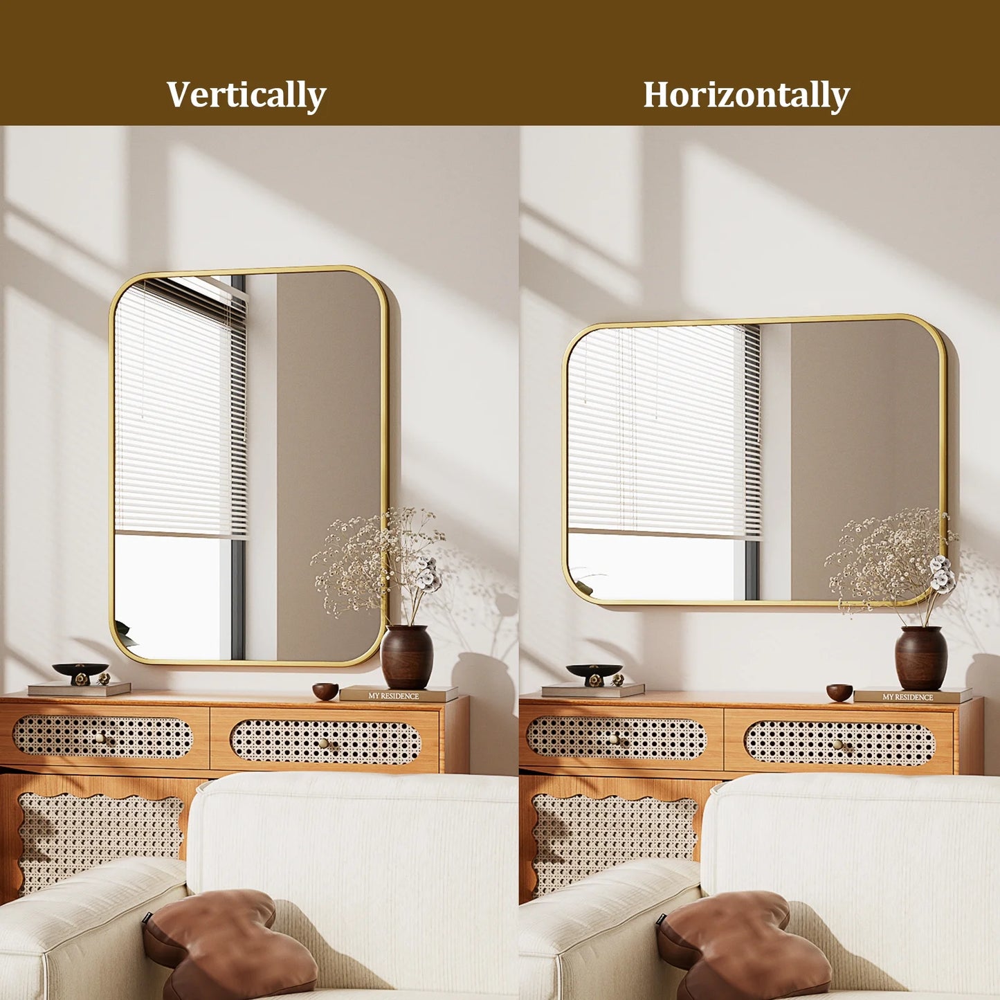 38"X26" Rectangular Bathroom Mirror Round-Edged Wall Mounted Mirror with Aluminum Alloy Frame, Gold