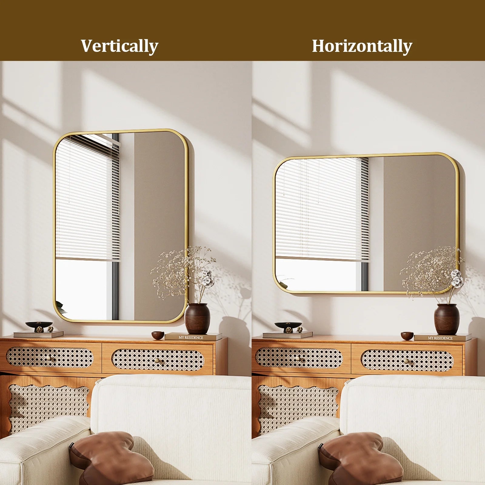 38"X26" Rectangular Bathroom Mirror Round-Edged Wall Mounted Mirror with Aluminum Alloy Frame, Gold