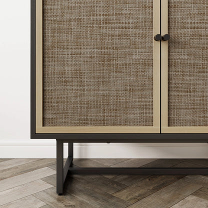 Kova Cane Rattan Doors Accent Cabinet with Black Metal Base and Adjustable Shelf