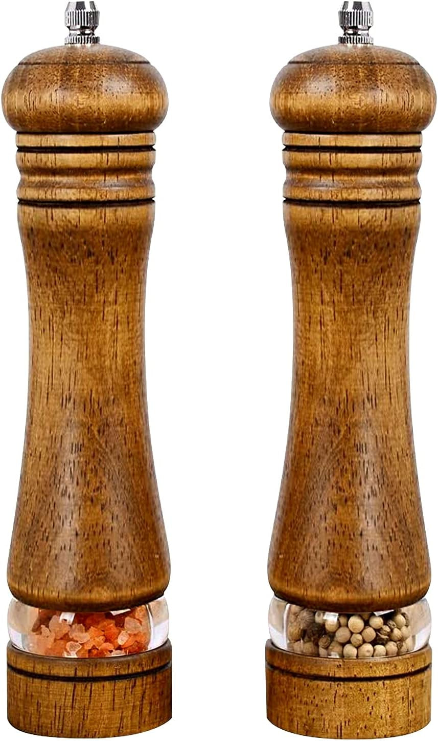 Pepper Grinder, Wood Salt and Pepper Mills Set, Classic Manual Spice Grinder Refillable Salt Mill Sets with Acrylic Visible Window Adjustable Ceramic Grinding Rotor 8 Inch 2 Pack