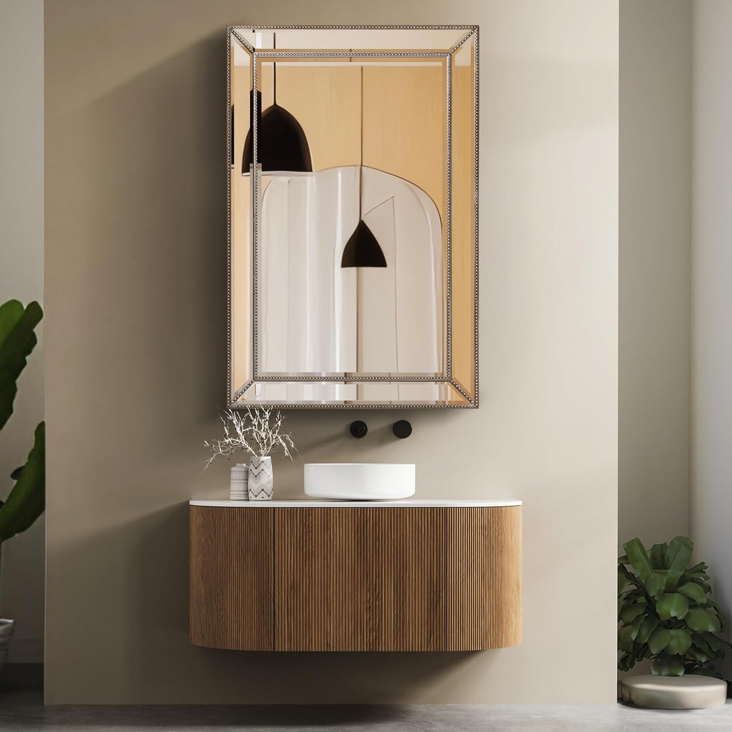 24'' X 36'' Metro Beveled Edge Mirror with Beaded Glass Frame, Wall Mounted Rectangle Mirror for Bathroom Vanity, over Sink, Entryway, and Bedroom, Champagne Silver