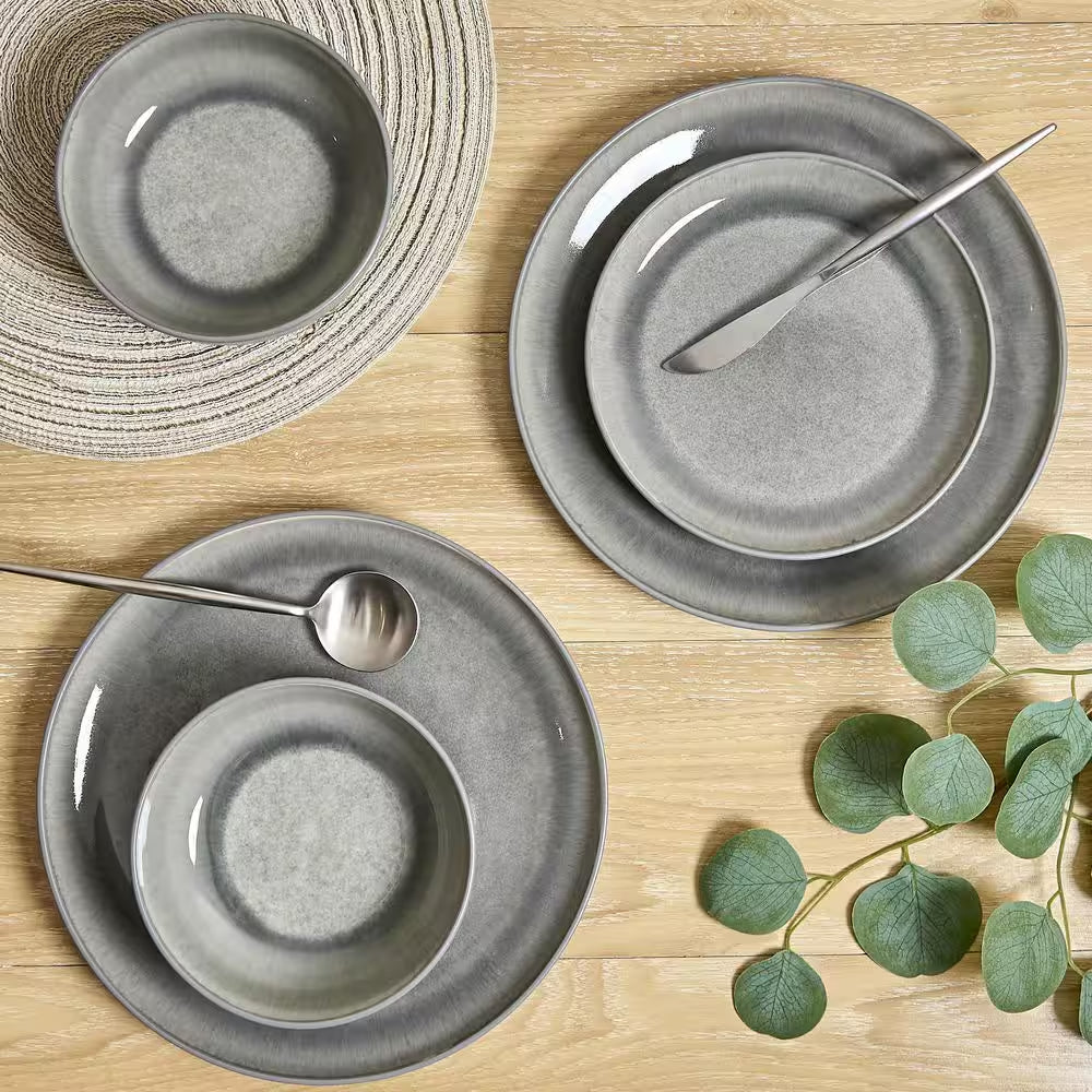 Asher Gray 12-Piece Stoneware Dinnerware Set, Round, Microwave and Dishwasher Safe