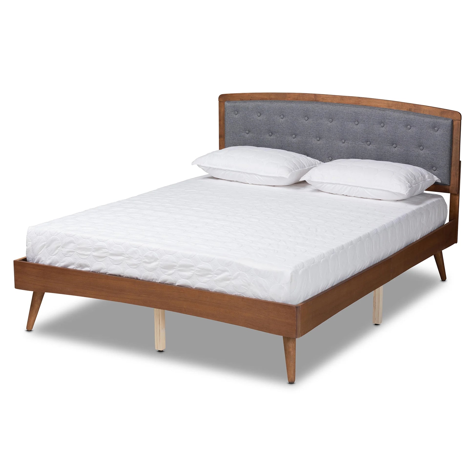 Ratana Mid-Century Modern Transitional Grey Fabric Upholstered and Walnut Brown Finished Wood, Full Size Platform Bed