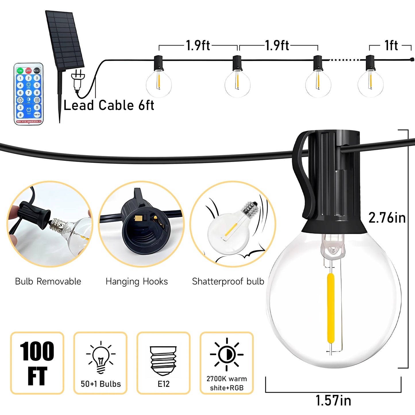 Solar Outdoor String Lights, 100Ft Waterproof Patio Lights with Remote, 50 LED Bulbs, 8 Lighting Modes, for Yard Outside