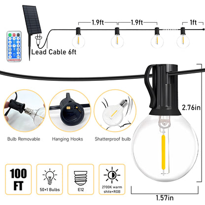 Solar Outdoor String Lights, 100Ft Waterproof Patio Lights with Remote, 50 LED Bulbs, 8 Lighting Modes, for Yard Outside