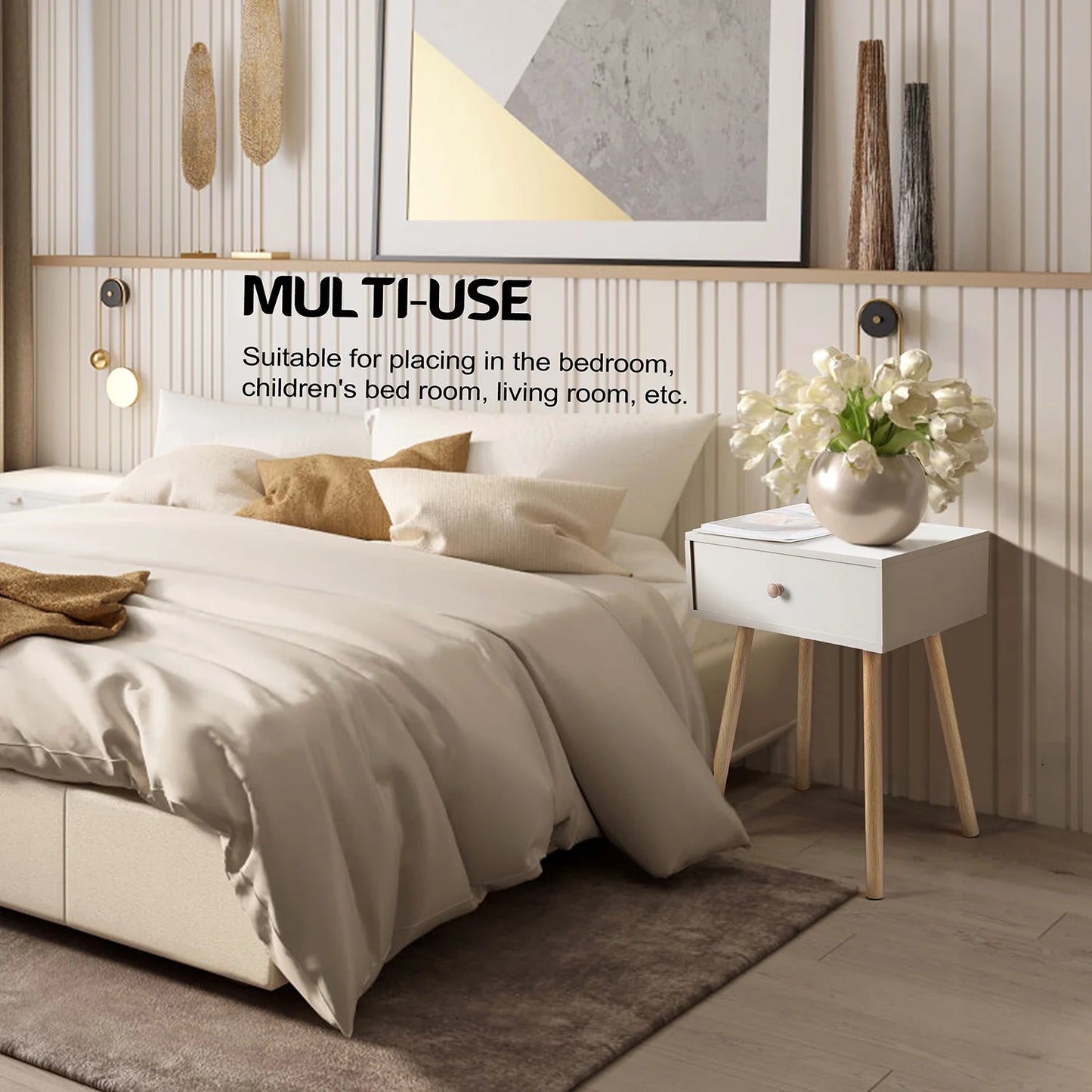 Nightstand, Modern End Table with Drawer, White Bedside Furniture Dresser for Bedroom, Living Room