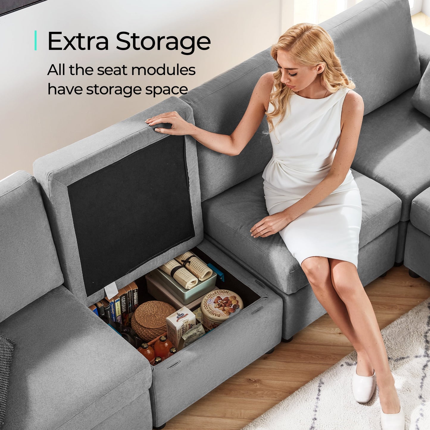 Modular Couches and Sofas Sectional with Storage, 4 Seat Sectional Sofa for Living Room, L Shaped Sectional Couch with Reversible Chaises, Light Gray