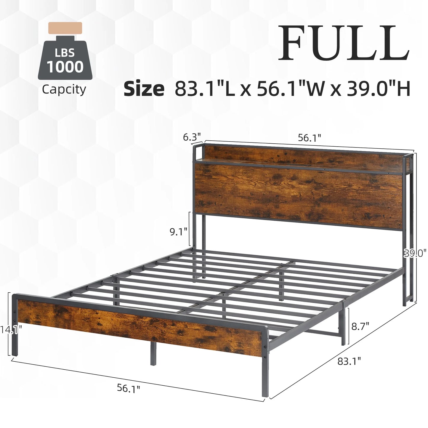 Full Size Bed Frame with Storage Headboard, Metal Bed Frame with Plug Outlets, USB, Brown