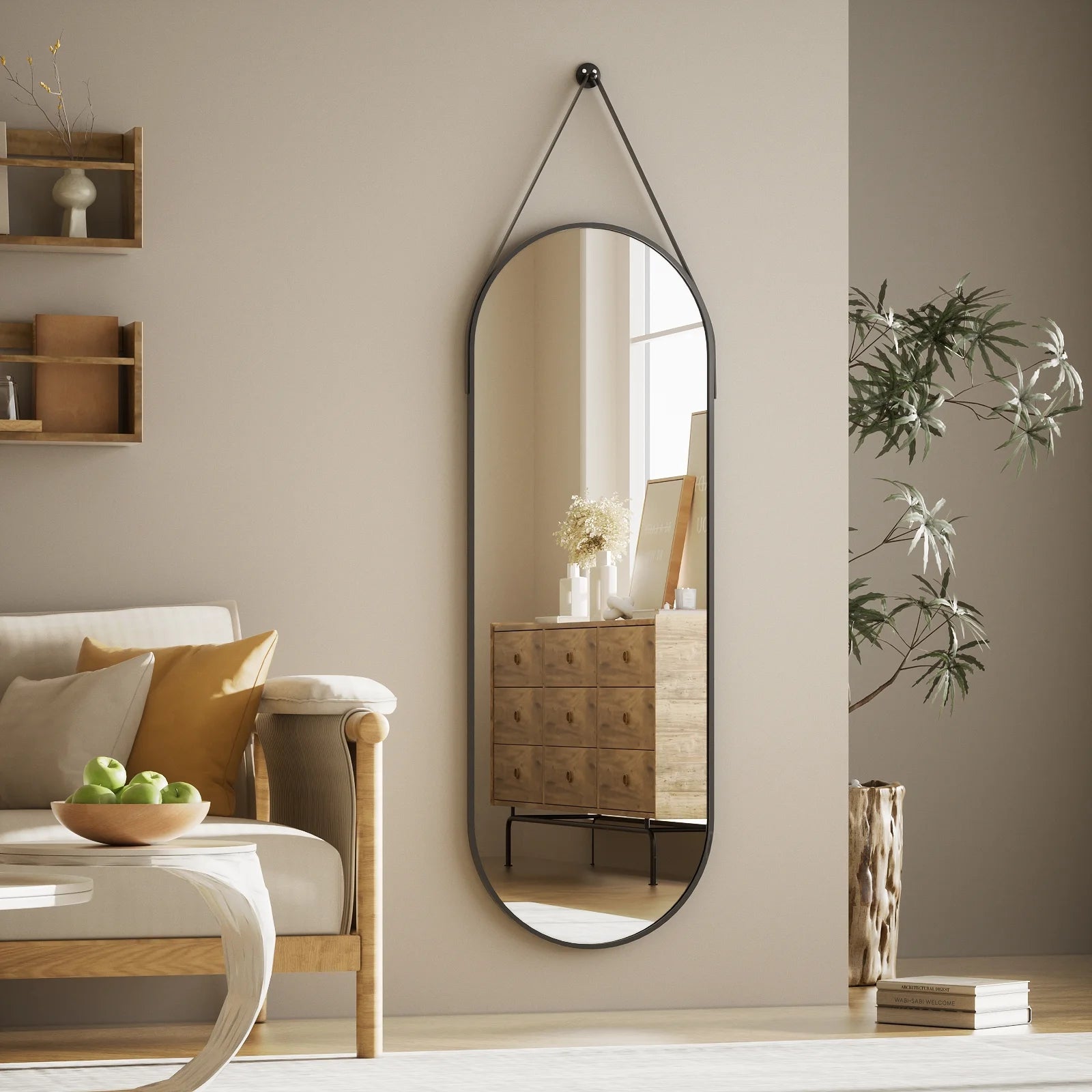 48" X 16" Full Length Mirror Oval Hanging Wall Mirror with Leather Strap,Black