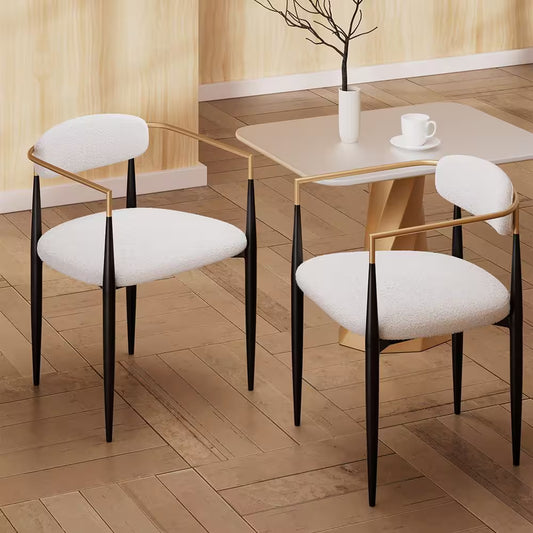 Modern White Boucle Cushion Seat Dining Chair Set of 2, Metal Frame Armchair for Kitchen, Living Room, Bedroom