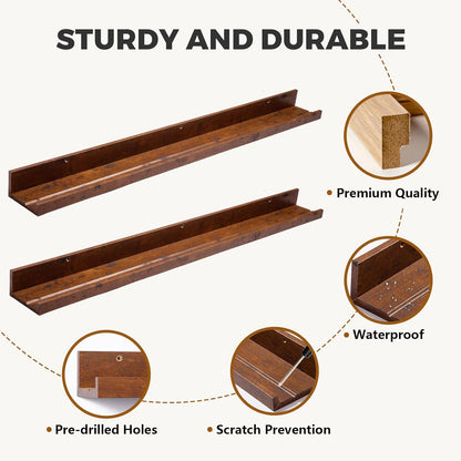 45.3" Large Floating Wall Ledge Shelves with Lip - Set of 2 Rustic Wood Floating Shelves - Honey Brown Wall Mounted Picture Ledge for Office, Bathroom, Bedroom, Living Room, Kitchen