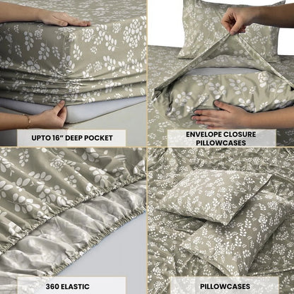 Bed Sheets, Microfiber Upto 16 Inch Deep Pocket Twin Sheets Set - Floral, Taupe