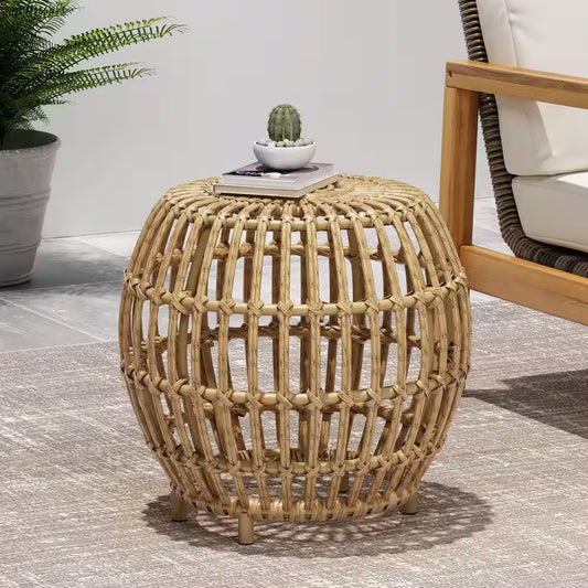 Round Wicker Outdoor Side Table with Faux Rattan Weave
