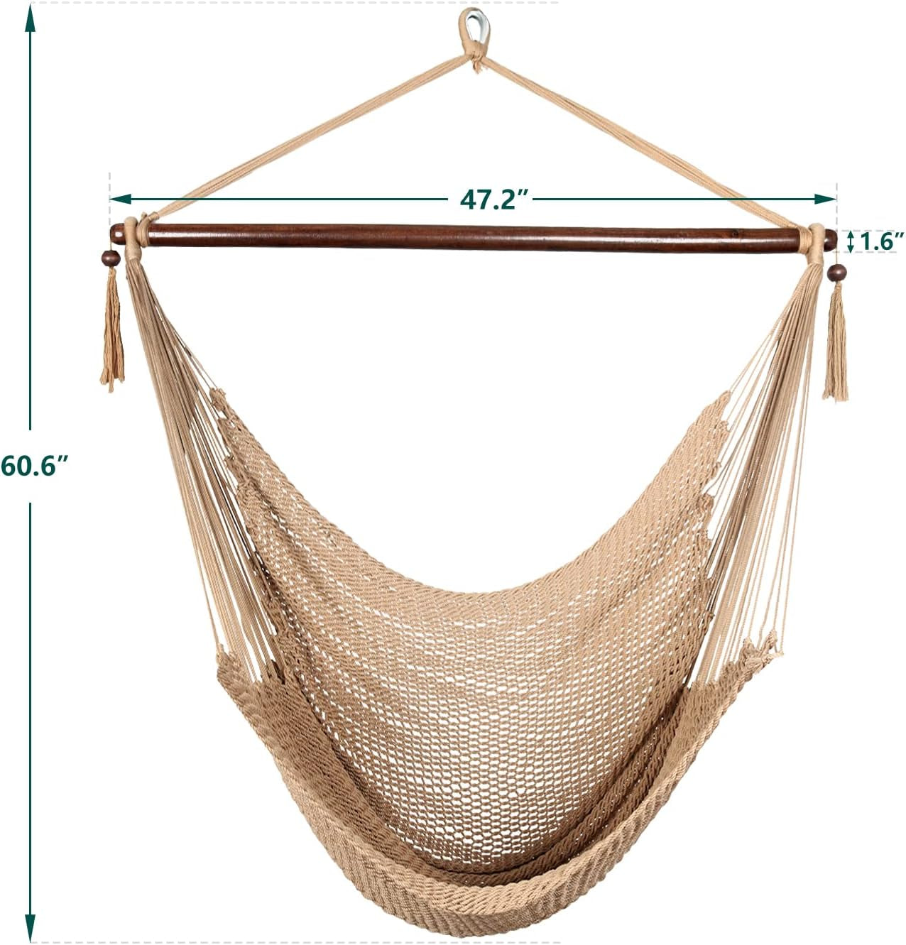 Large Hammock Chair with Spreader Bar, Caribbean Hammock Swing Chair, XL Hammock Chair Outdoor Indoor, 330 LBS Weight Capacity, Light Brown