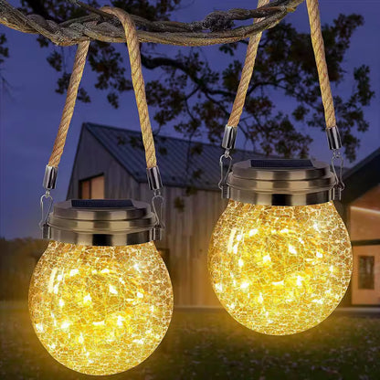 2 Pack Solar Lantern Crackle Glass Ball, Garden Hanging Solar Lights Outdoor Waterproof Lanterns with 30 Warm White LED.