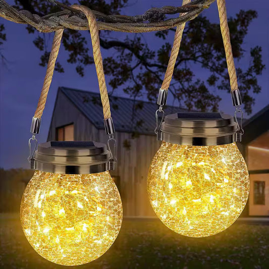 2 Pack Solar Lantern Crackle Glass Ball, Garden Hanging Solar Lights Outdoor Waterproof Lanterns with 30 Warm White LED.