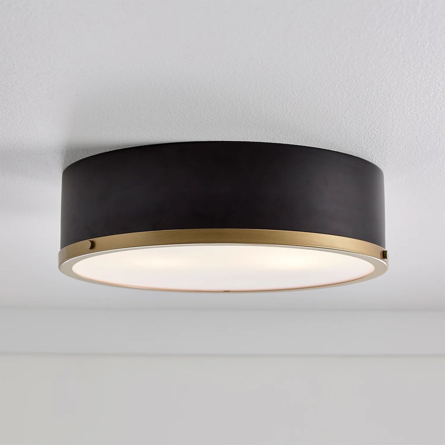 Irving Park 2-Light Flush Mount, Matte Black Finish, Burnished Brass Accents, Frosted Glass Shade, LED Bulbs Included