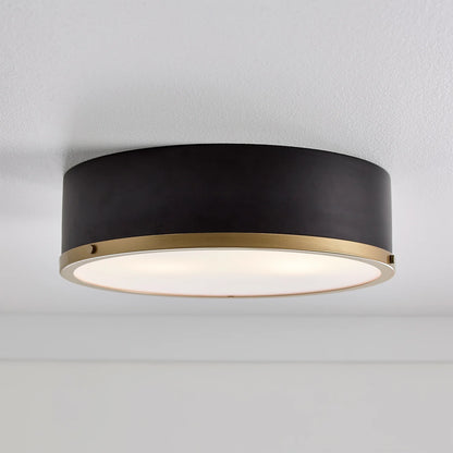 Irving Park 2-Light Flush Mount, Matte Black Finish, Burnished Brass Accents, Frosted Glass Shade, LED Bulbs Included
