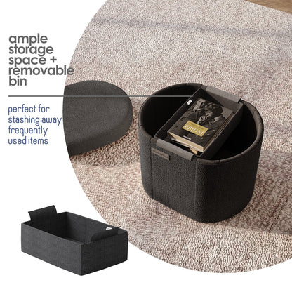 Oval Storage Ottoman Bench, Boucle 16" Ottoman with Storage , Black