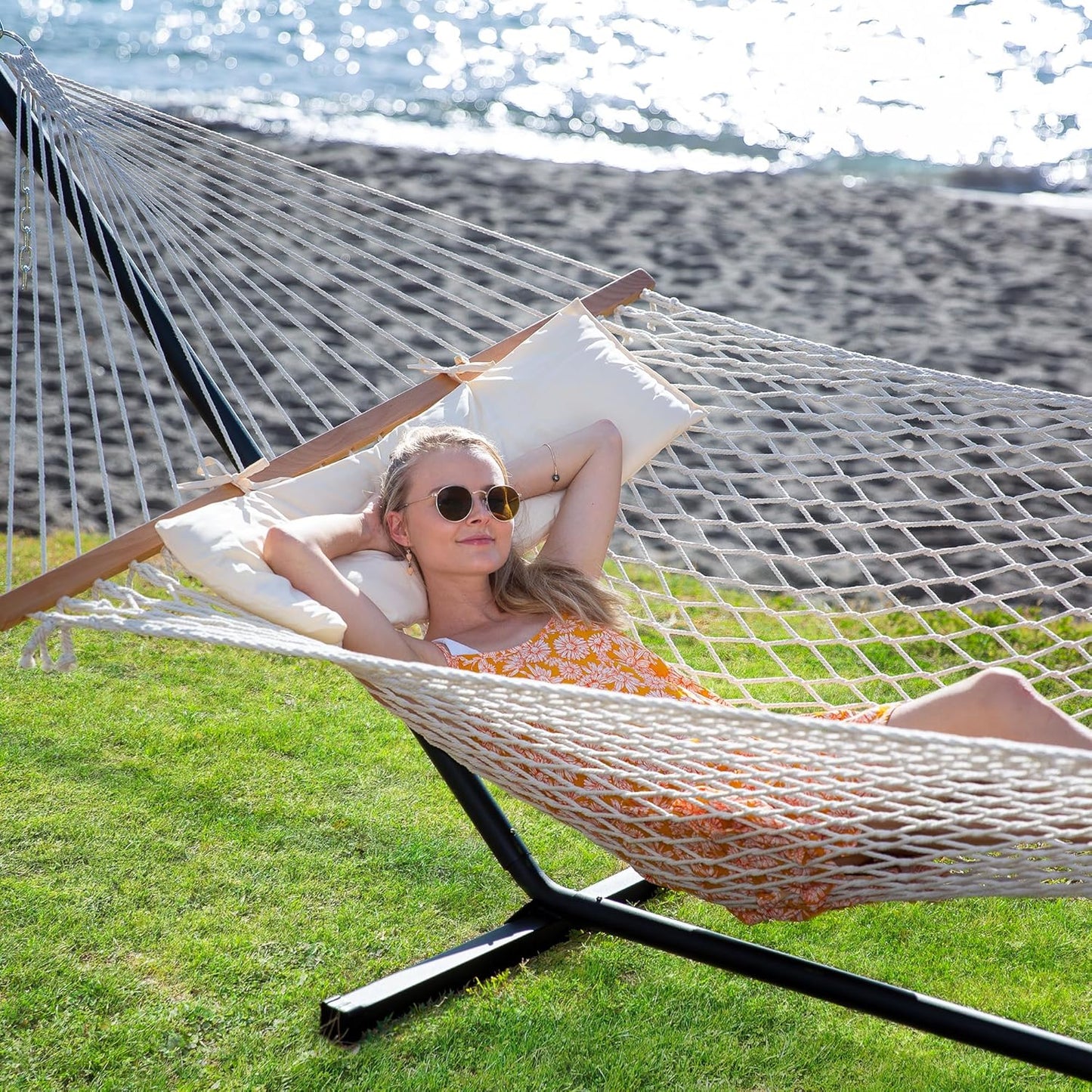 Double Outdoor Hammock with Stand Included, Portable Cotton Rope 2 Person Hammock for Outdoor, Patio, Garden, Backyard, Beige