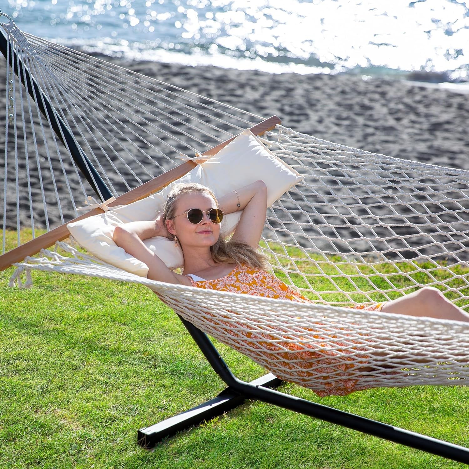 Double Outdoor Hammock with Stand Included, Portable Cotton Rope 2 Person Hammock for Outdoor, Patio, Garden, Backyard, Beige