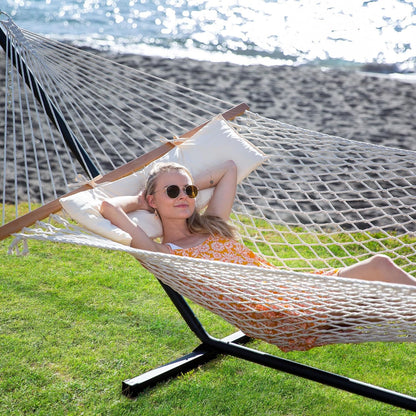 Double Outdoor Hammock with Stand Included, Portable Cotton Rope 2 Person Hammock for Outdoor, Patio, Garden, Backyard, Beige